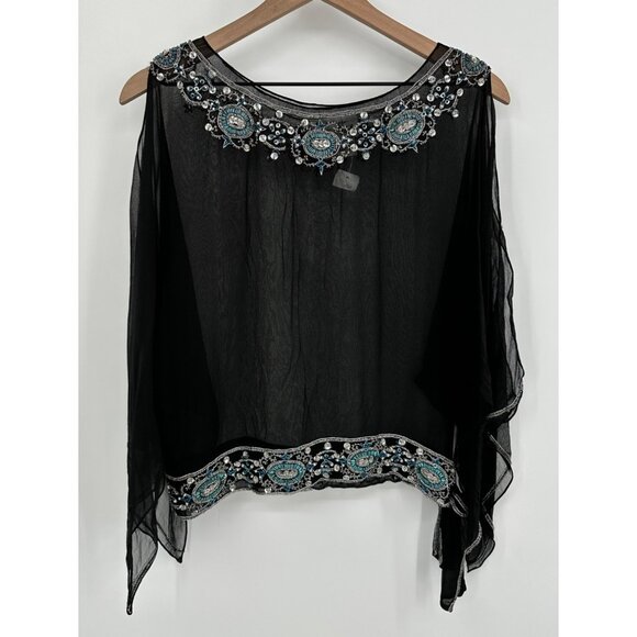 La Nuit 100% Silk Top Women Med Black Sheer Beaded Sequin Open Shoulder Side Tie - Picture 1 of 12